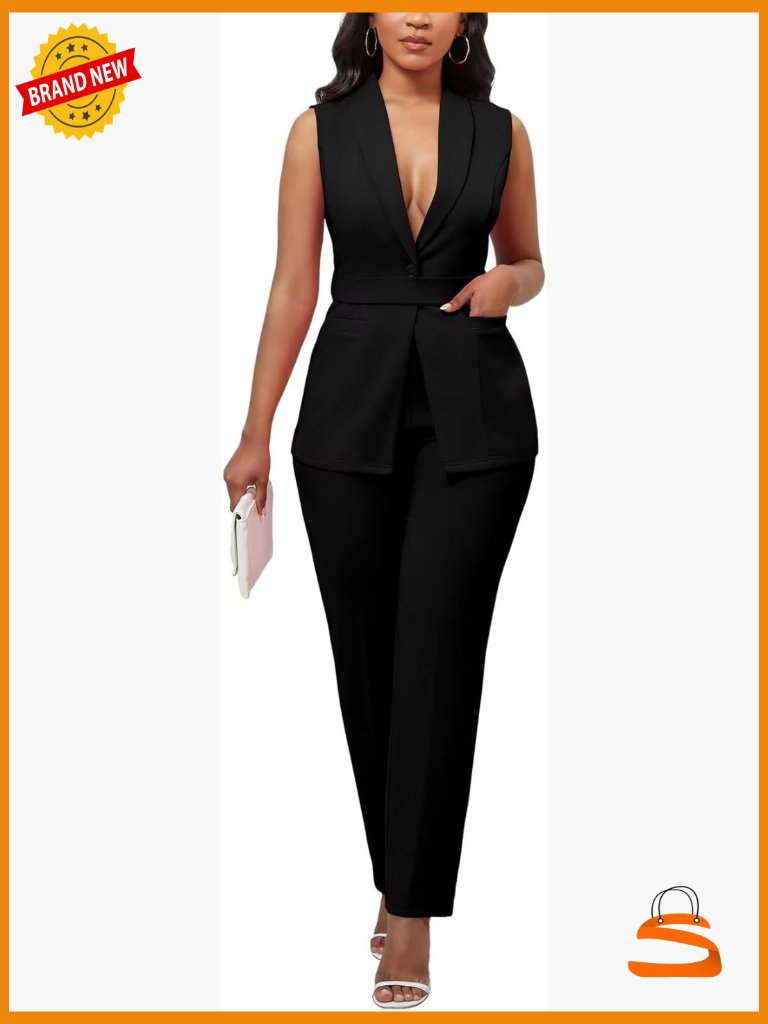 Pant Suit Vest & Pants Set Sleeveless Belted Business Casual 2 Piece